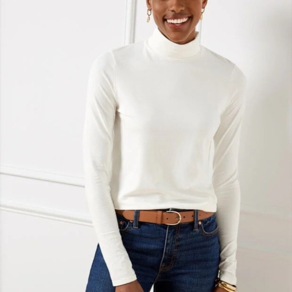 Cotton Minimalist Preppy Basic White Turtleneck Top Talbots L